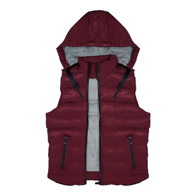 Men's Sleeveless Maroon Hooded Puffer Jacket