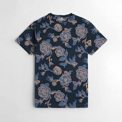 Men Floral Printed Cotton Blue Crewneck Tee Shirt