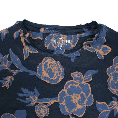 Men Floral Printed Cotton Blue Crewneck Tee Shirt